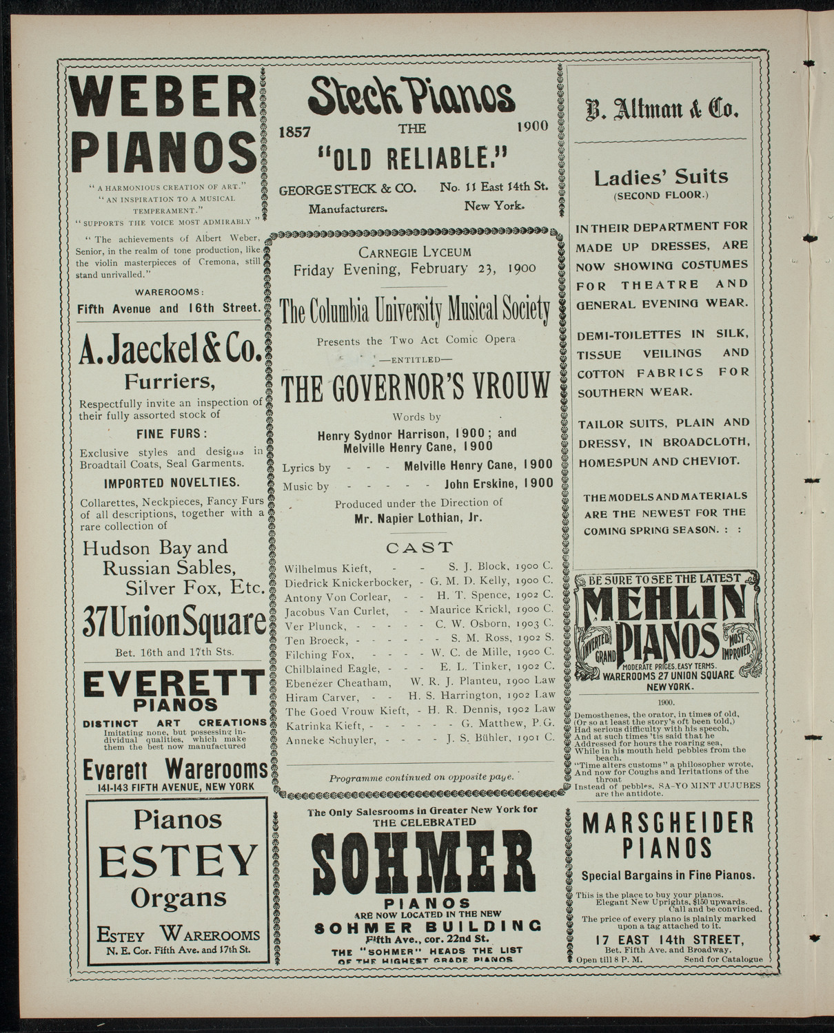 Columbia University Musical Society, February 23, 1900, program page 2