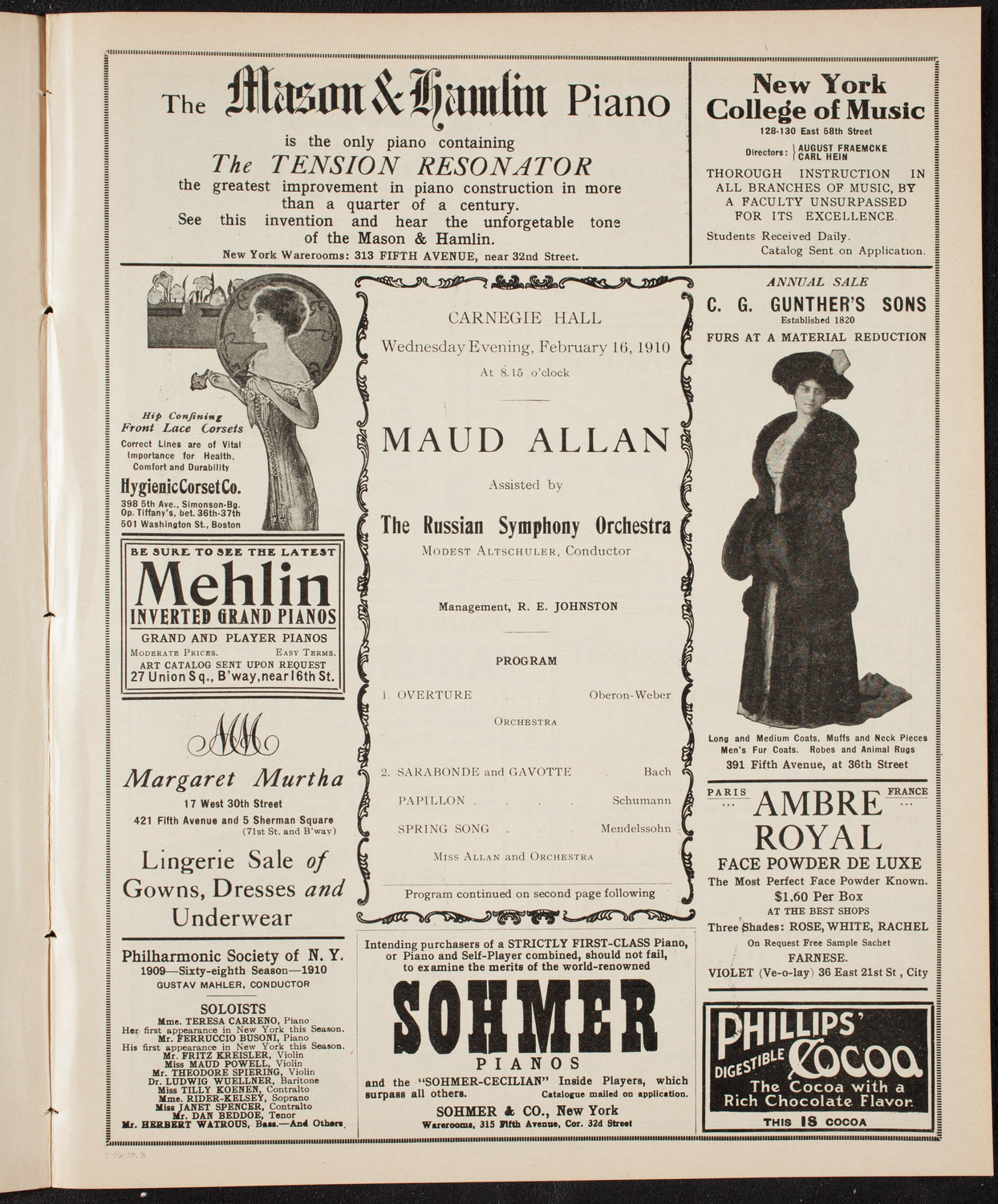 Maud Allan with The Russian Symphony Orchestra, February 16, 1910, program page 5