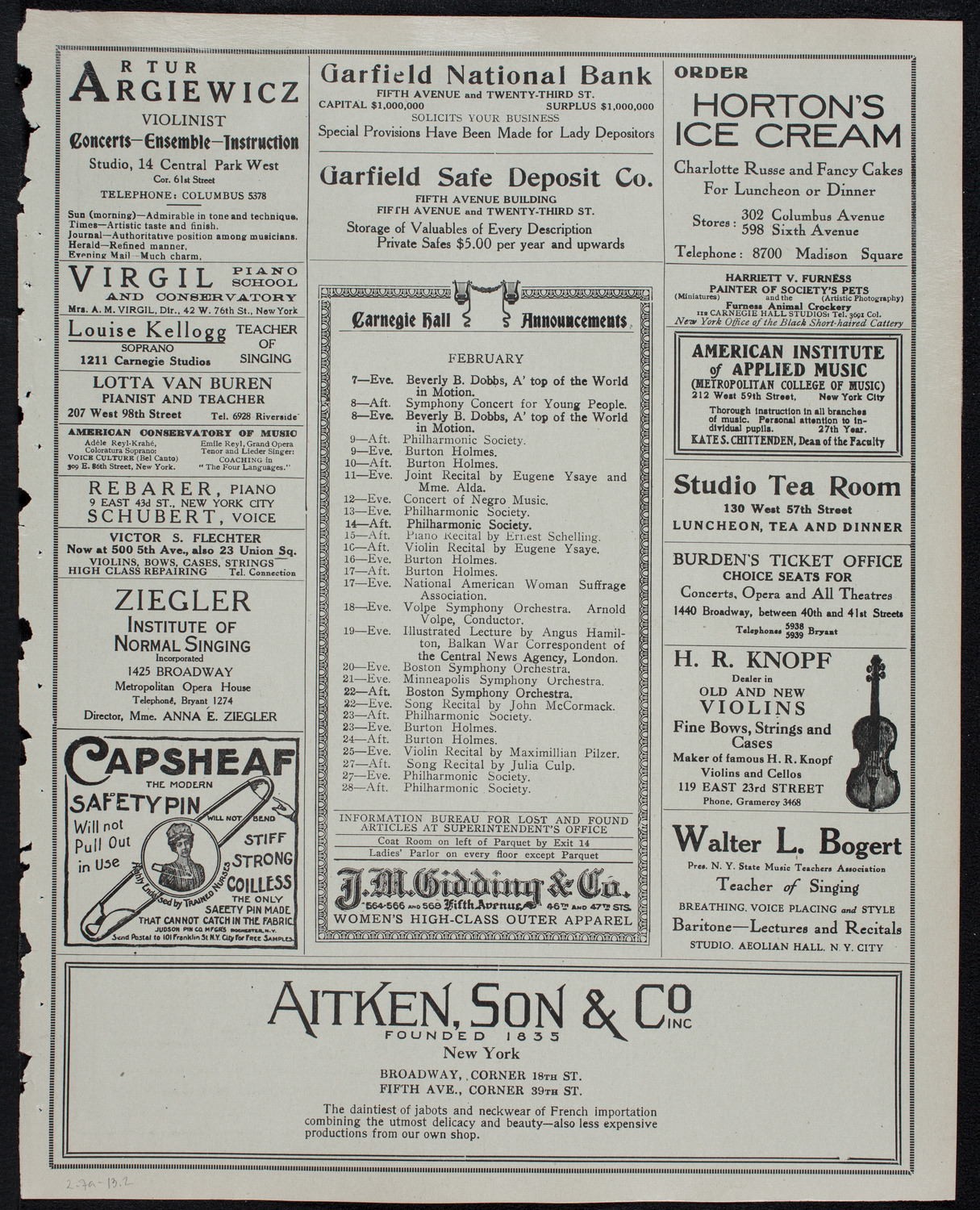 New York Philharmonic, February 7, 1913, program page 3