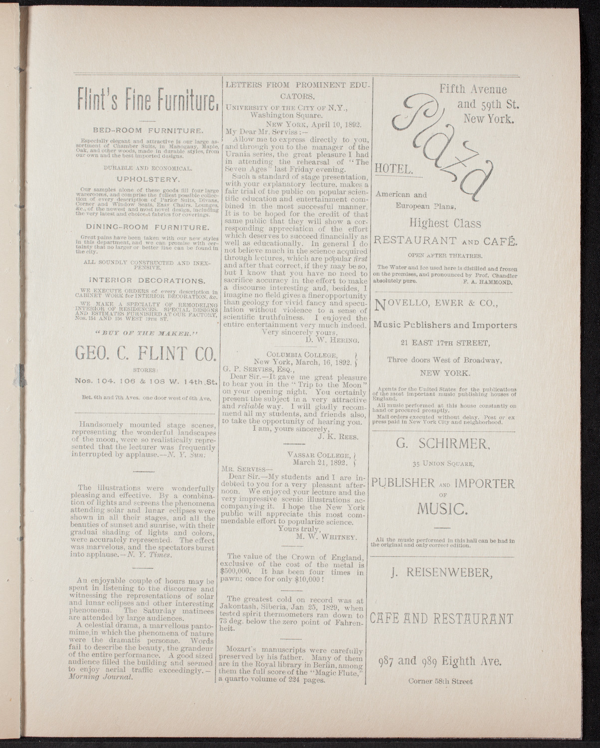 Urania Scientific Theatre, May 8, 1892, program page 7