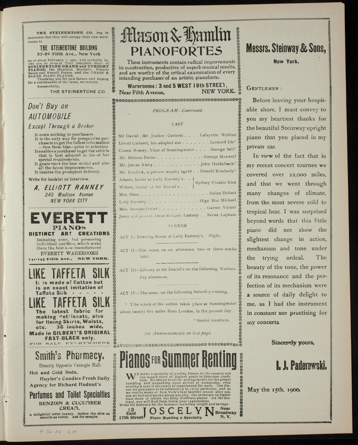 American Academy of the Dramatic Arts Private Dress Rehearsal, April 30, 1902, program page 3