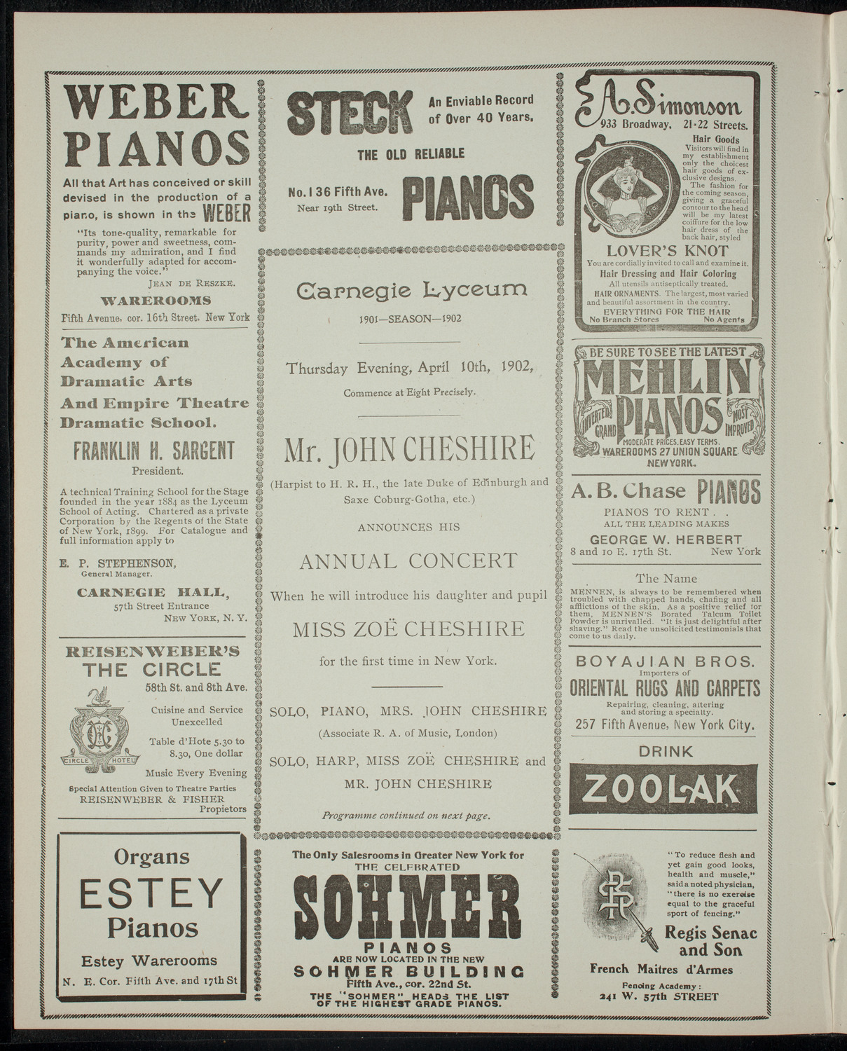 Annual Concert by John Cheshire, April 10, 1902, program page 2