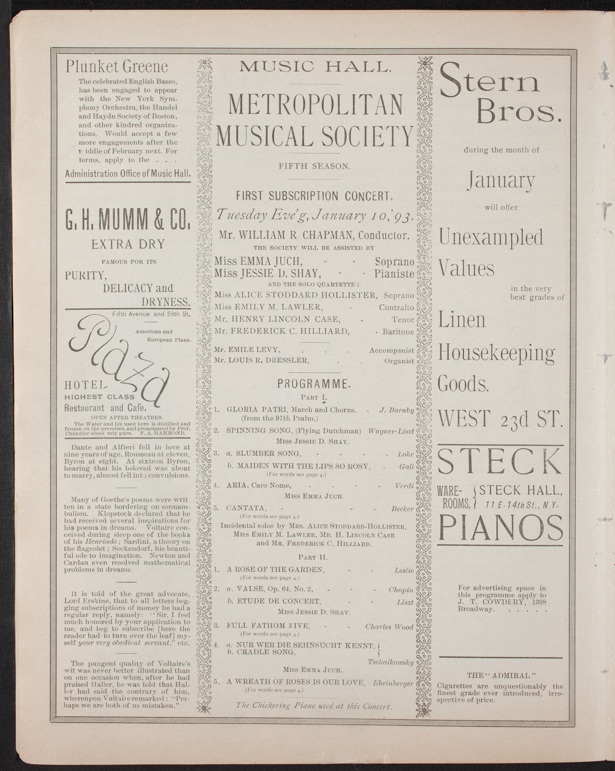 Metropolitan Musical Society, January 10, 1893, program page 6