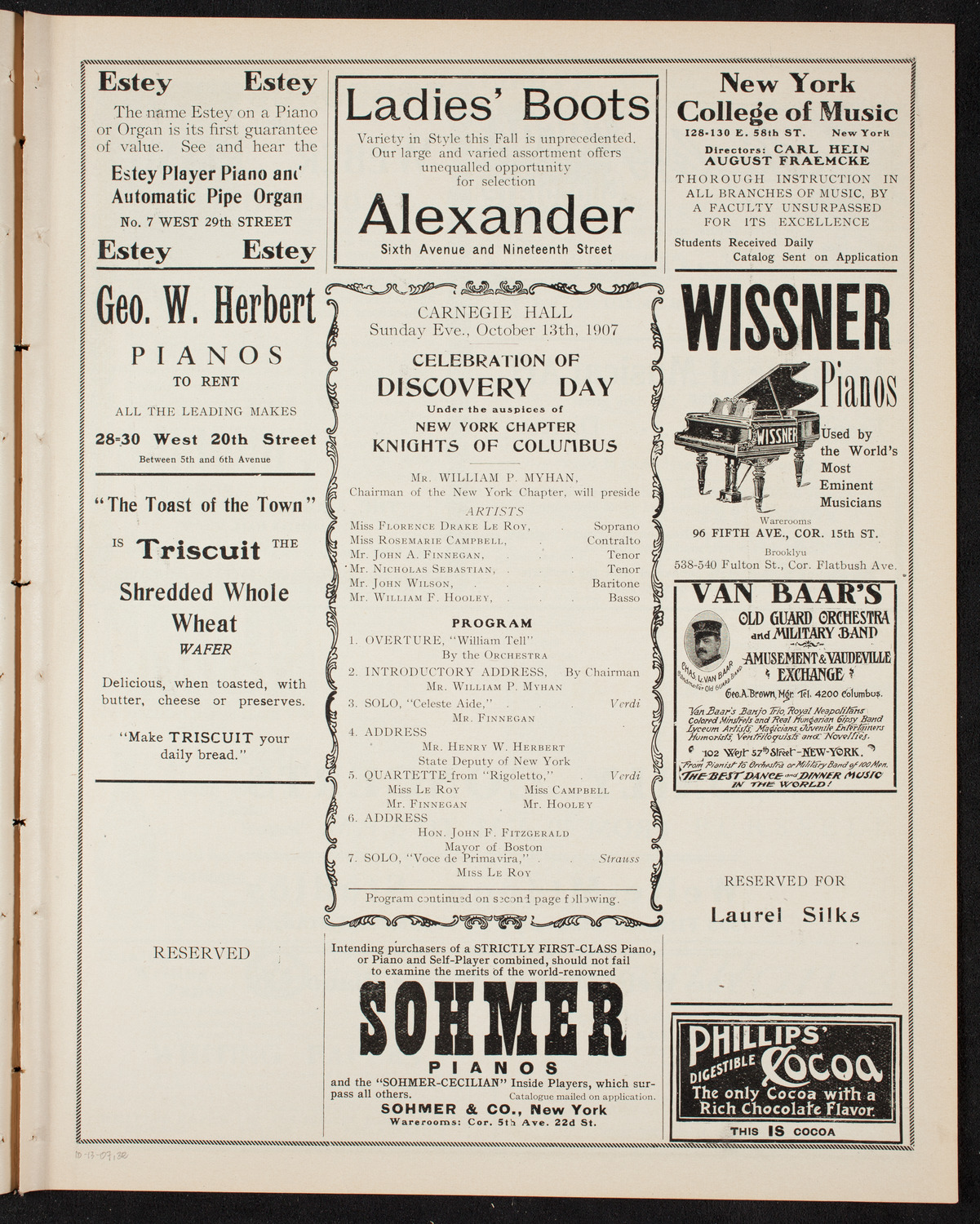 Knights of Columbus Discovery Day Celebration, October 13, 1907, program page 5