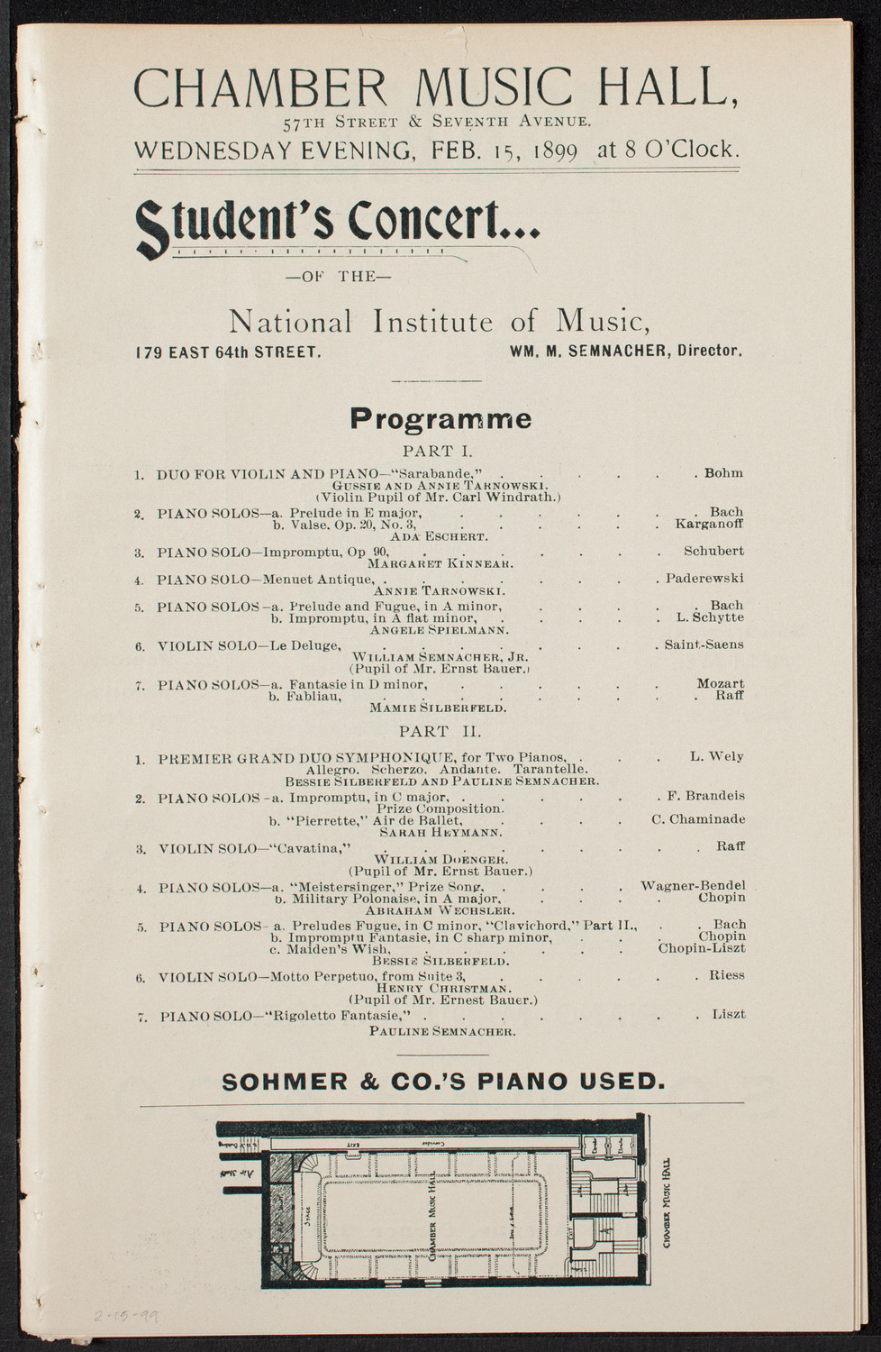 National Institute of Music Student's Concert, February 15, 1899, program page 1