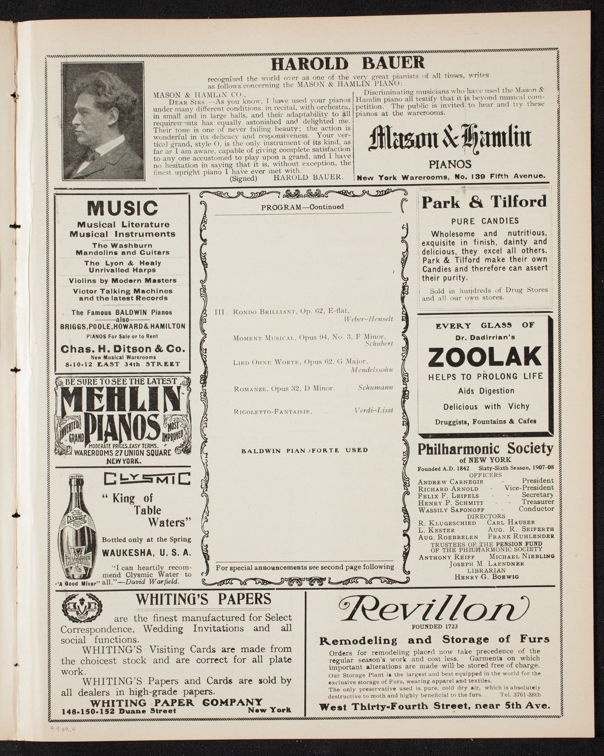 Vladimir de Pachmann, Piano, April 4, 1908, program page 7