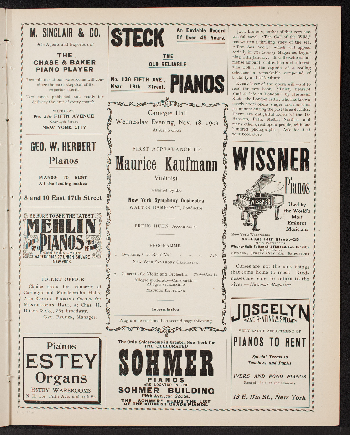 Maurice Kaufmann with New York Symphony Orchestra, November 18, 1903, program page 5