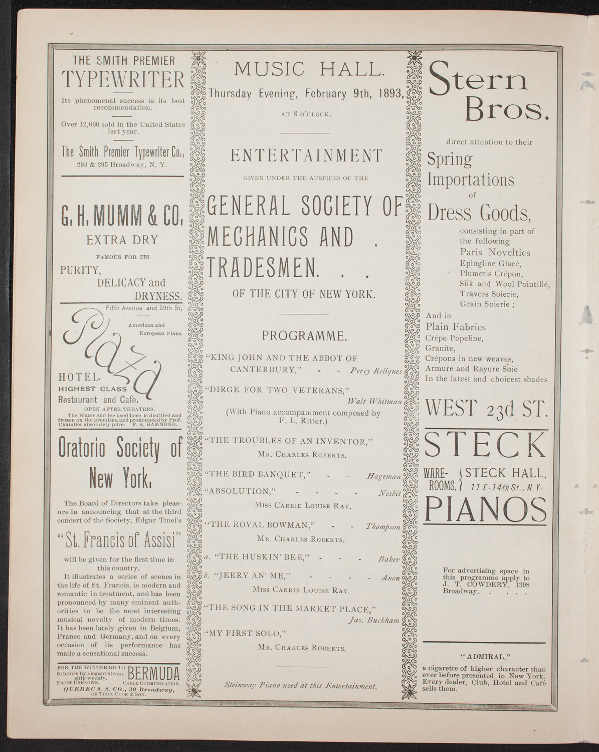 General Society of Mechanics and Tradesmen Program, February 9, 1893, program page 4