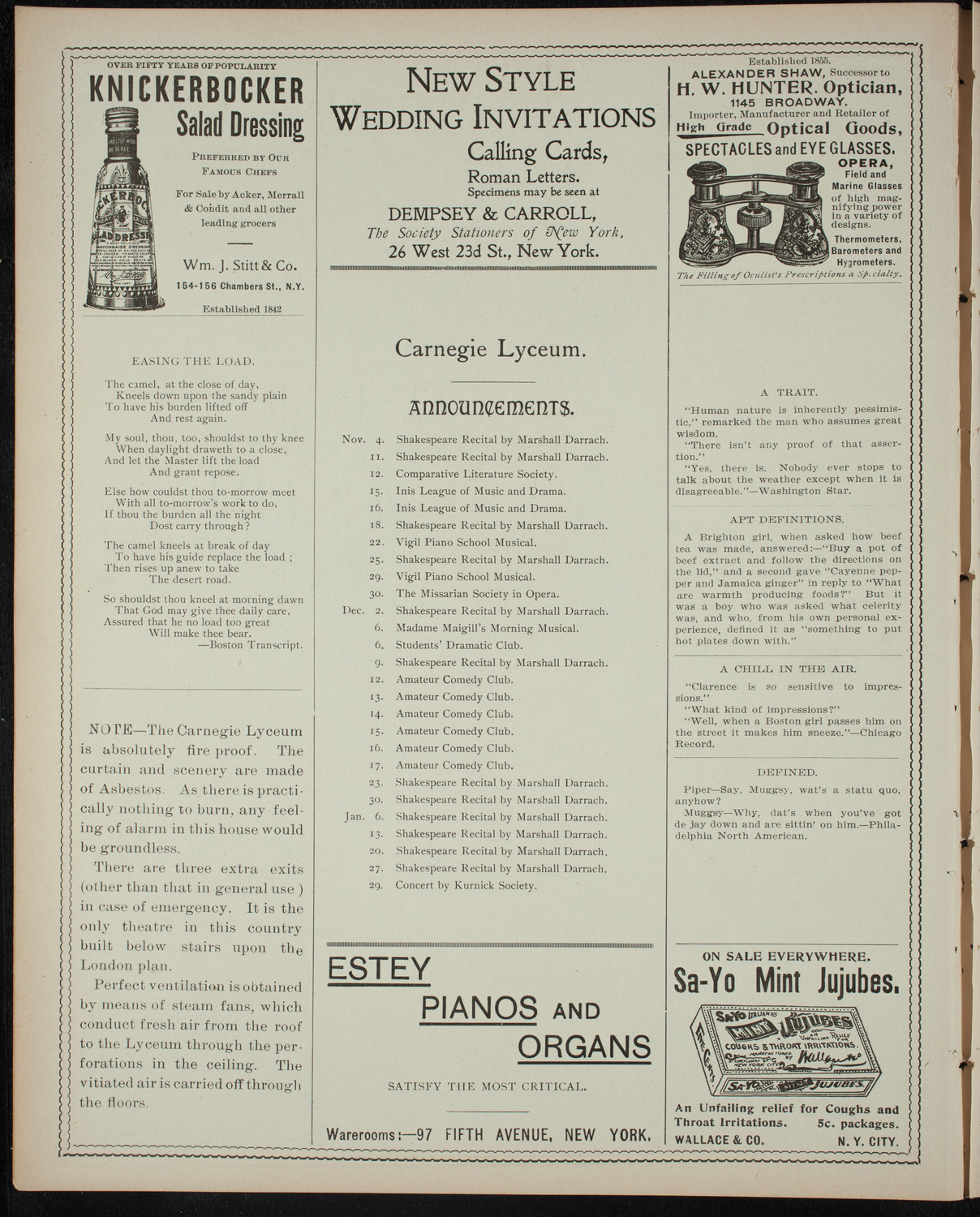 Shakespeare Recital by Marshall Darrach, November 4, 1898, program page 2