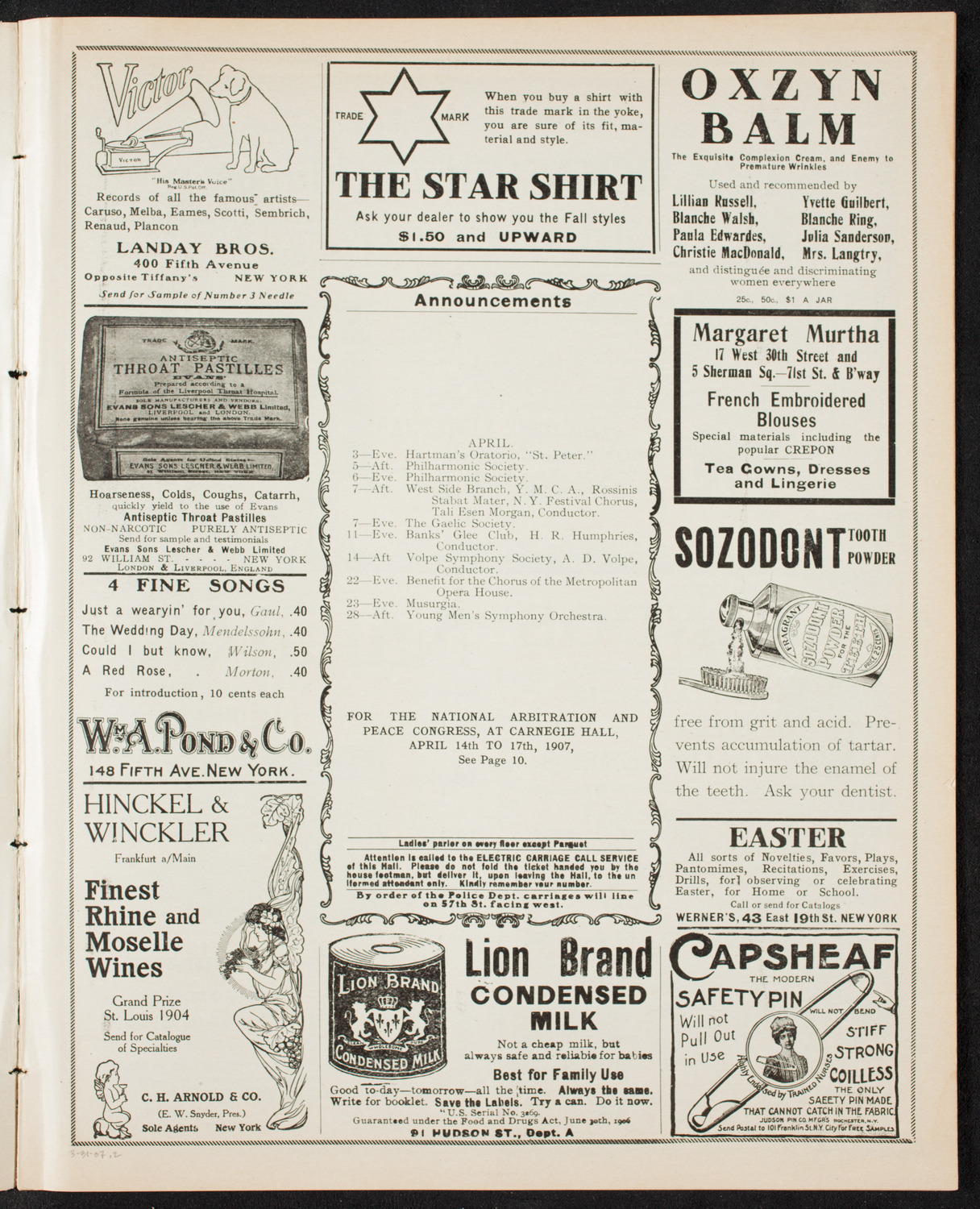 New York Symphony Orchestra, March 31, 1907, program page 3