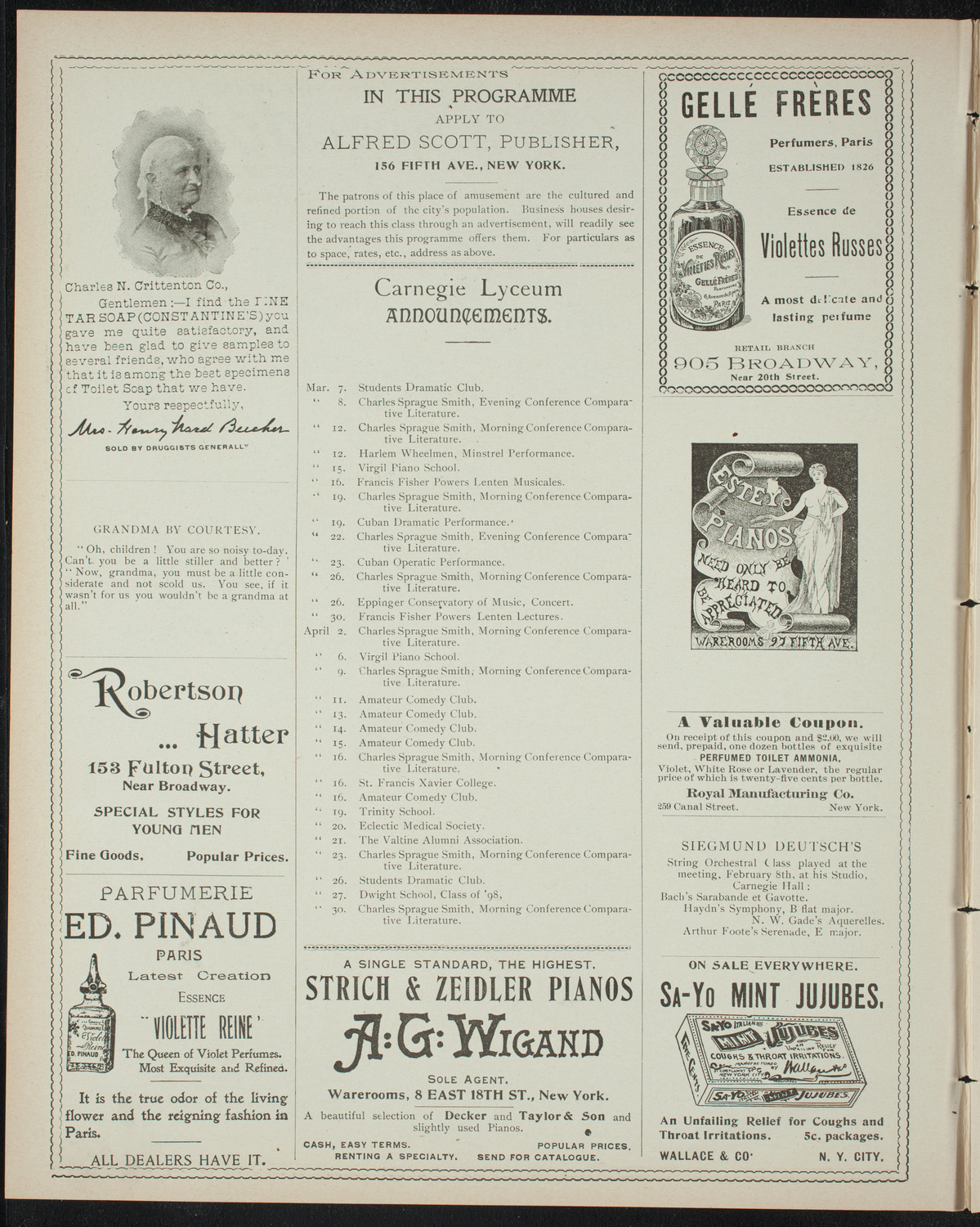 Cercle Choral et Dramatique Francais "La Cigale", March 5, 1898, program page 2