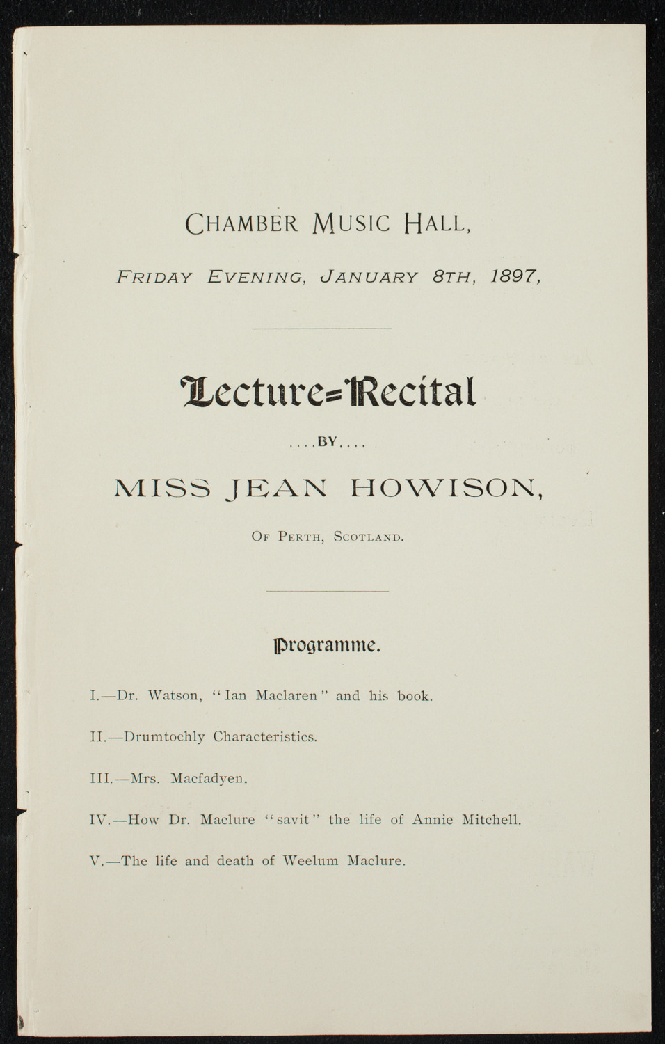 Lecture by Jean Howison, January 8, 1897, program page 1