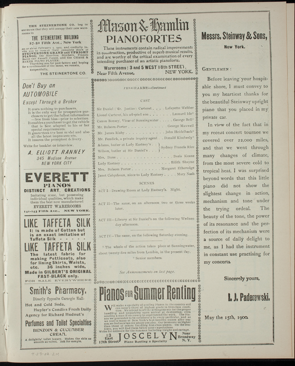 American Academy of the Dramatic Arts Private Dress Rehearsal, April 23, 1902, program page 3