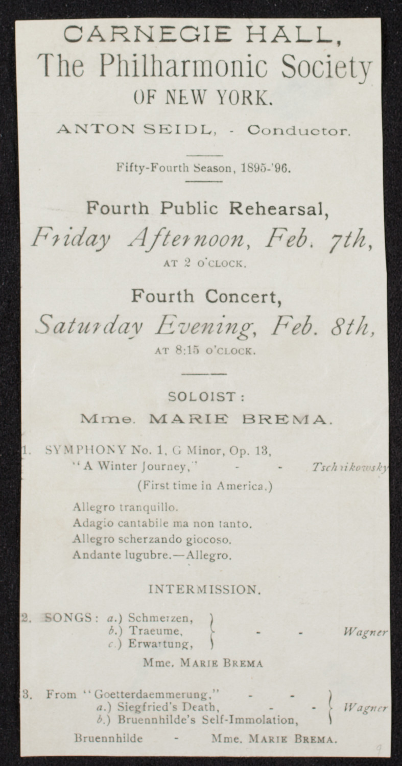 New York Philharmonic, February 7, 1896, program page 1