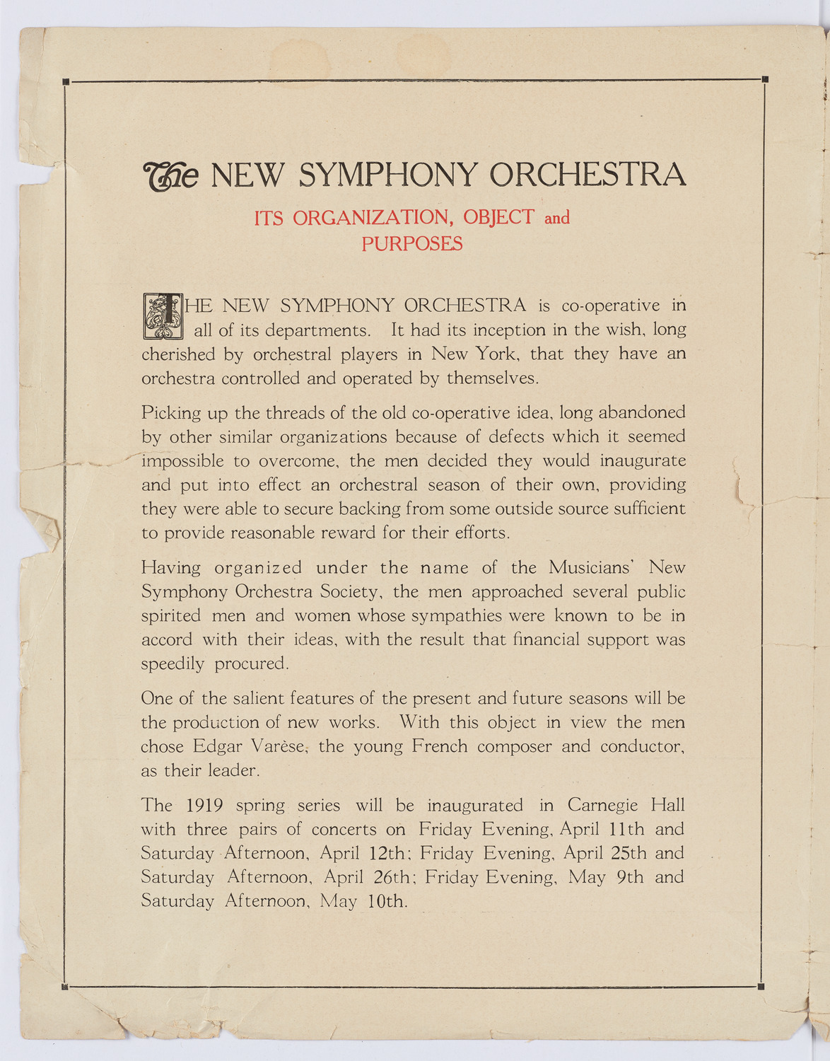 New Symphony Orchestra, April 1919