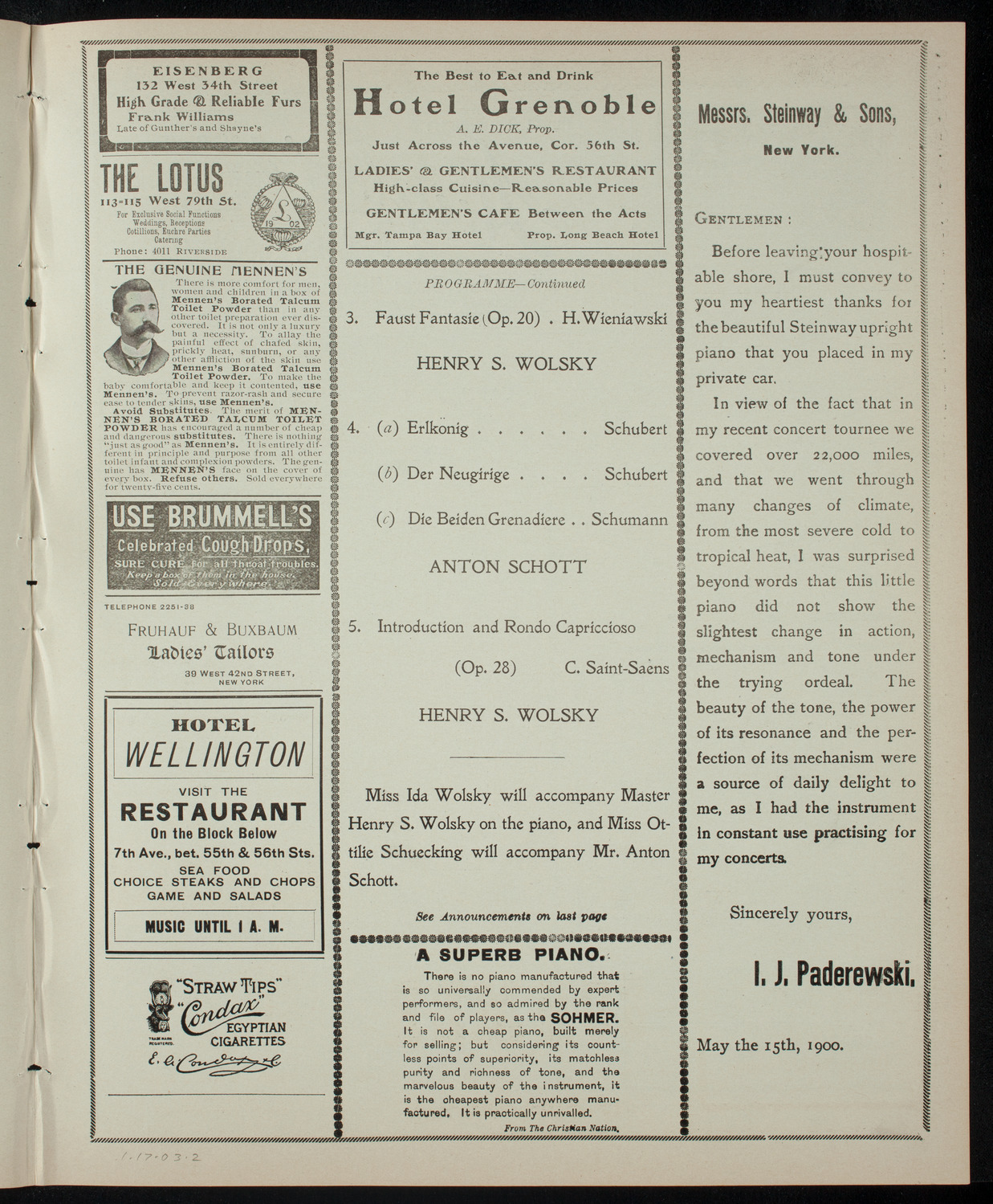 Henry S. Wolksy with Anton Schott, January 17, 1903, program page 3