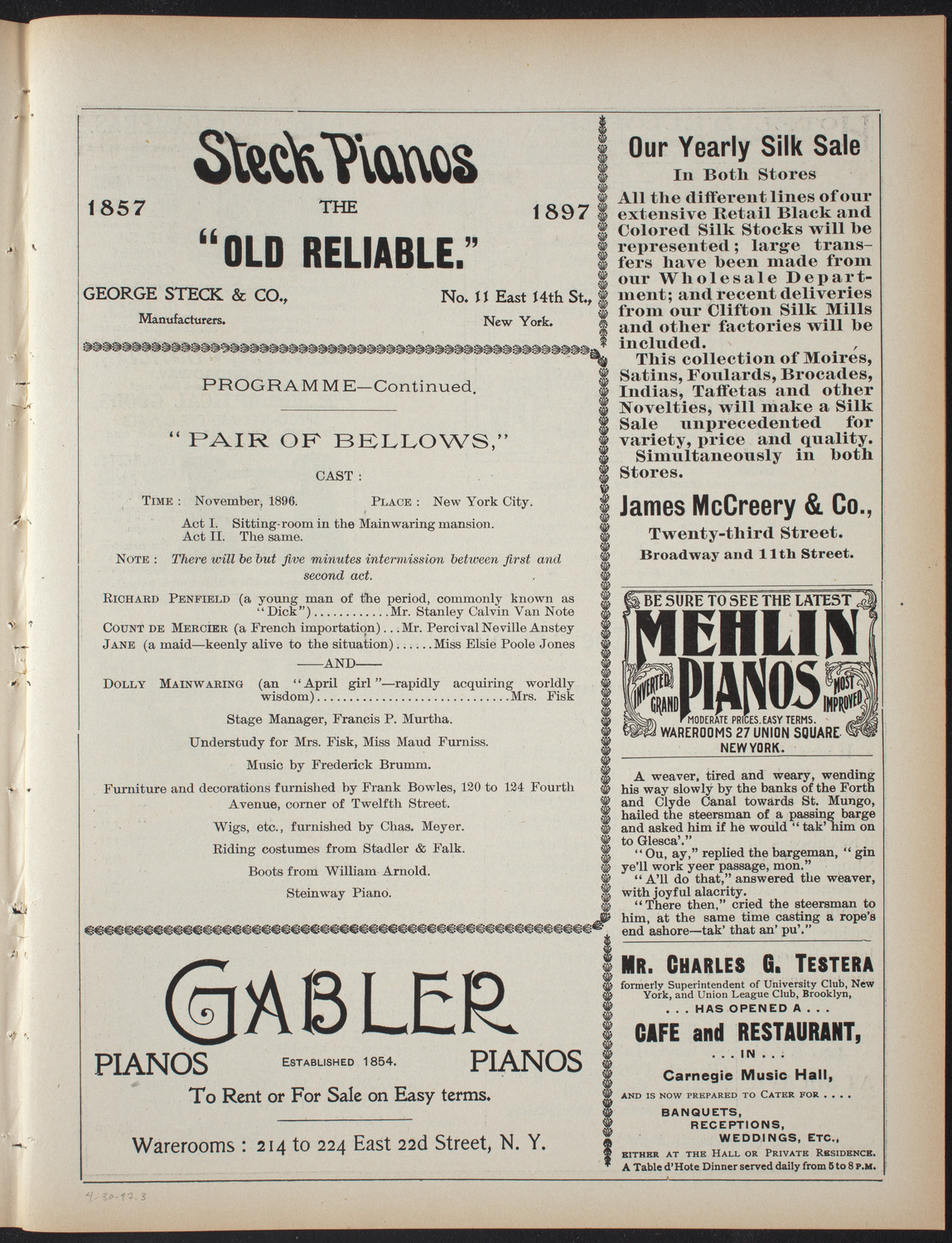 First Presentation of "A Pair of Bellows" and "Petticoat Perfidy", April 30, 1897, program page 5