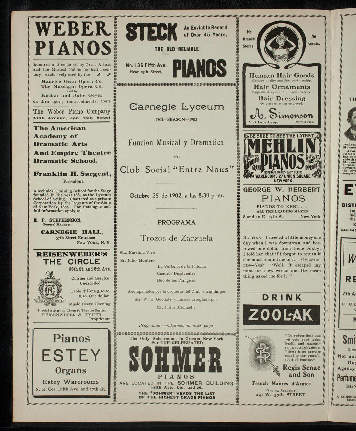 Club Social "Entre Nous" Musical and Dramatic Program, October 25, 1902, program page 2