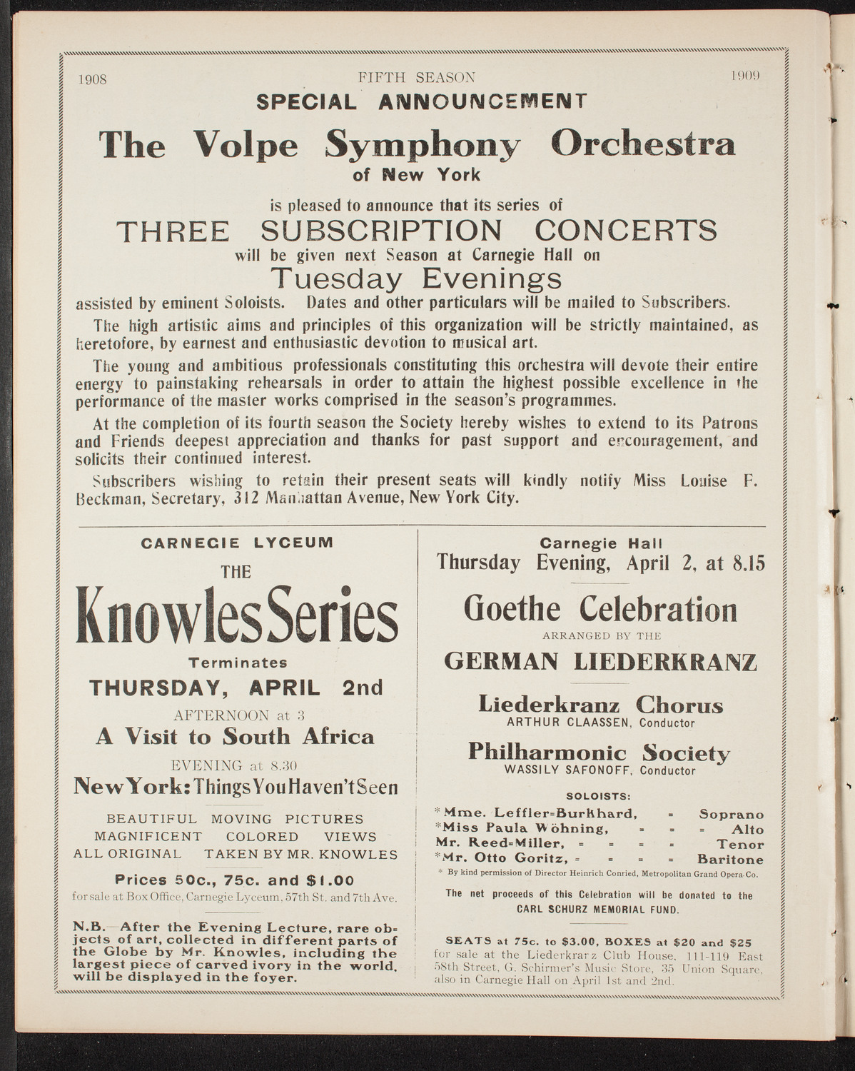 Volpe Symphony Society of New York, March 26, 1908, program page 10