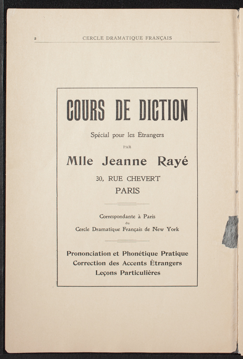 Cercle Dramatique de l'Alliance Française de New York, January 29, 1909, program page 2