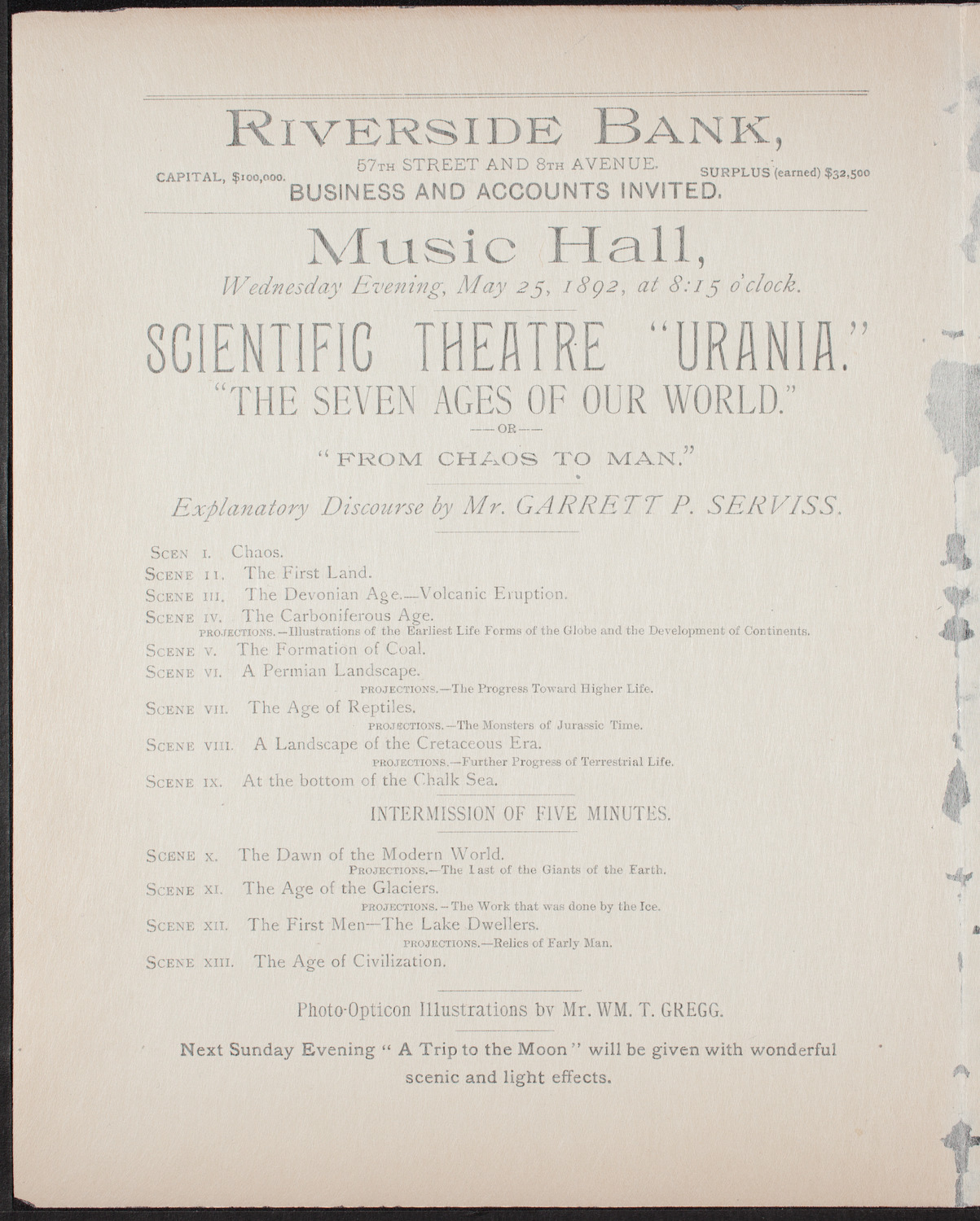 Urania Scientific Theatre, May 25, 1892, program page 2