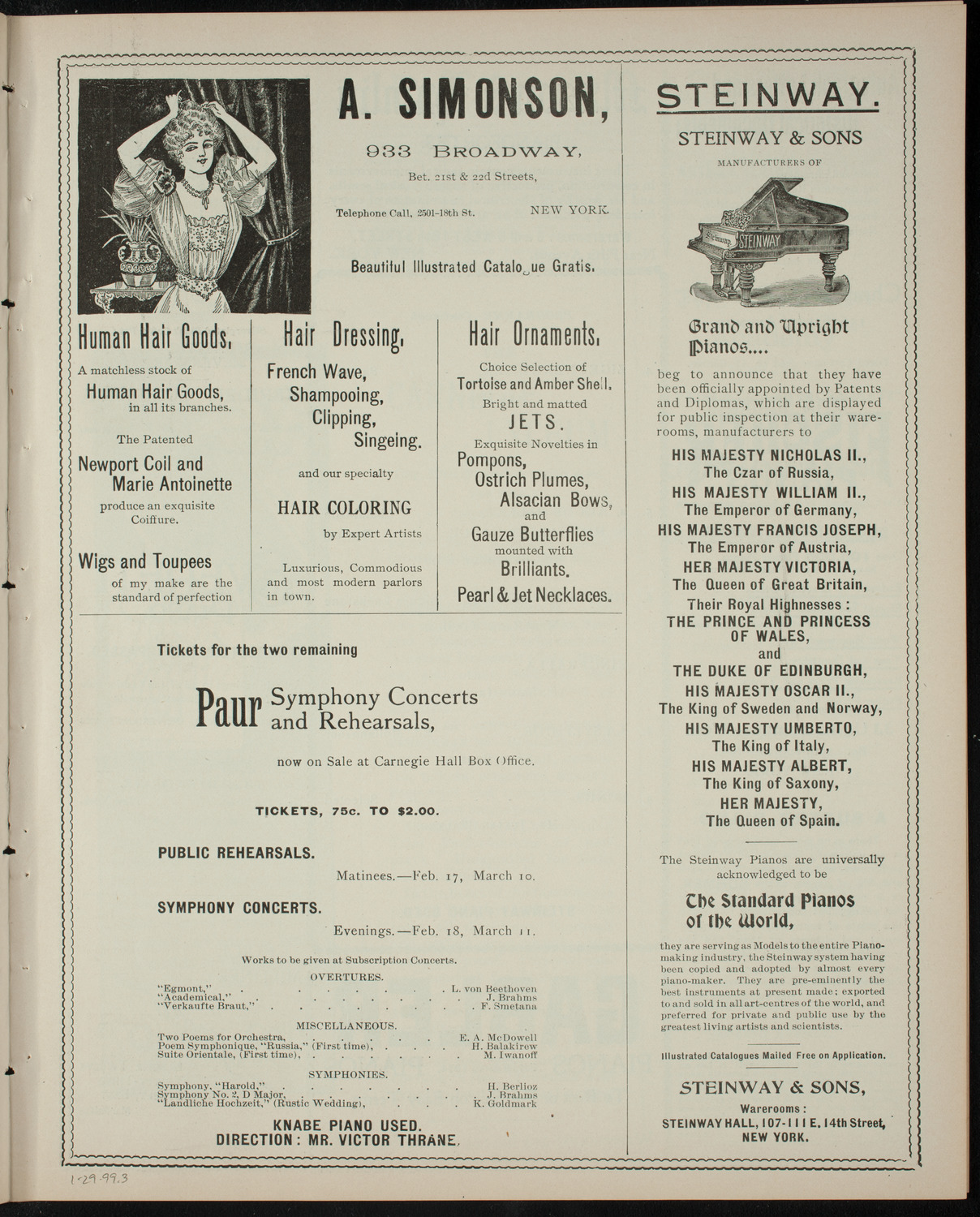 Saul Brant and Others/ Benefit: Kurnick Benevolent Association, January 29, 1899, program page 5