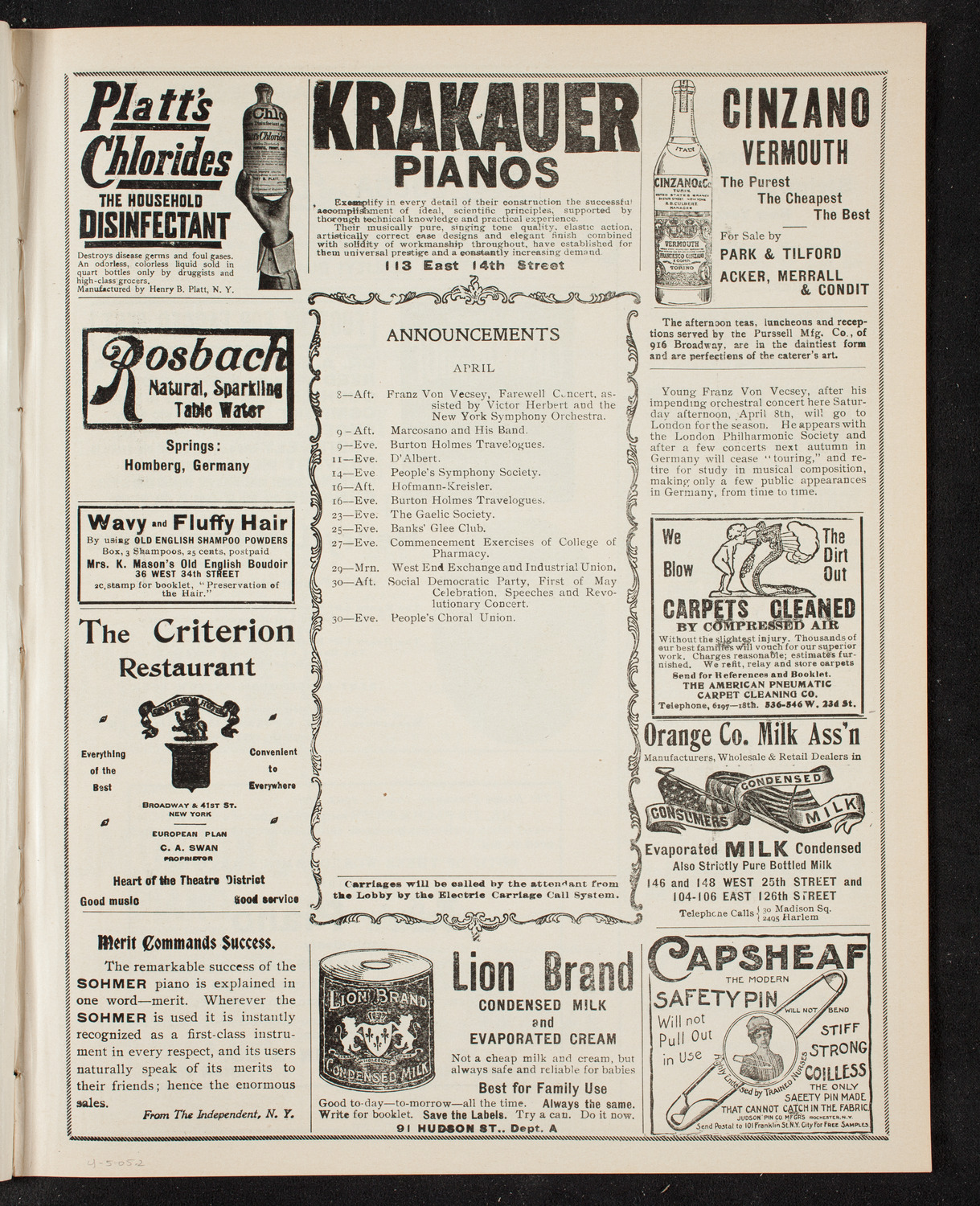 Eugène Ysaÿe, Violin, Anton Hekking, Cello, and Jose Vianna da Motta, Piano with Rosa Zamels, Violin, April 5, 1905, program page 3