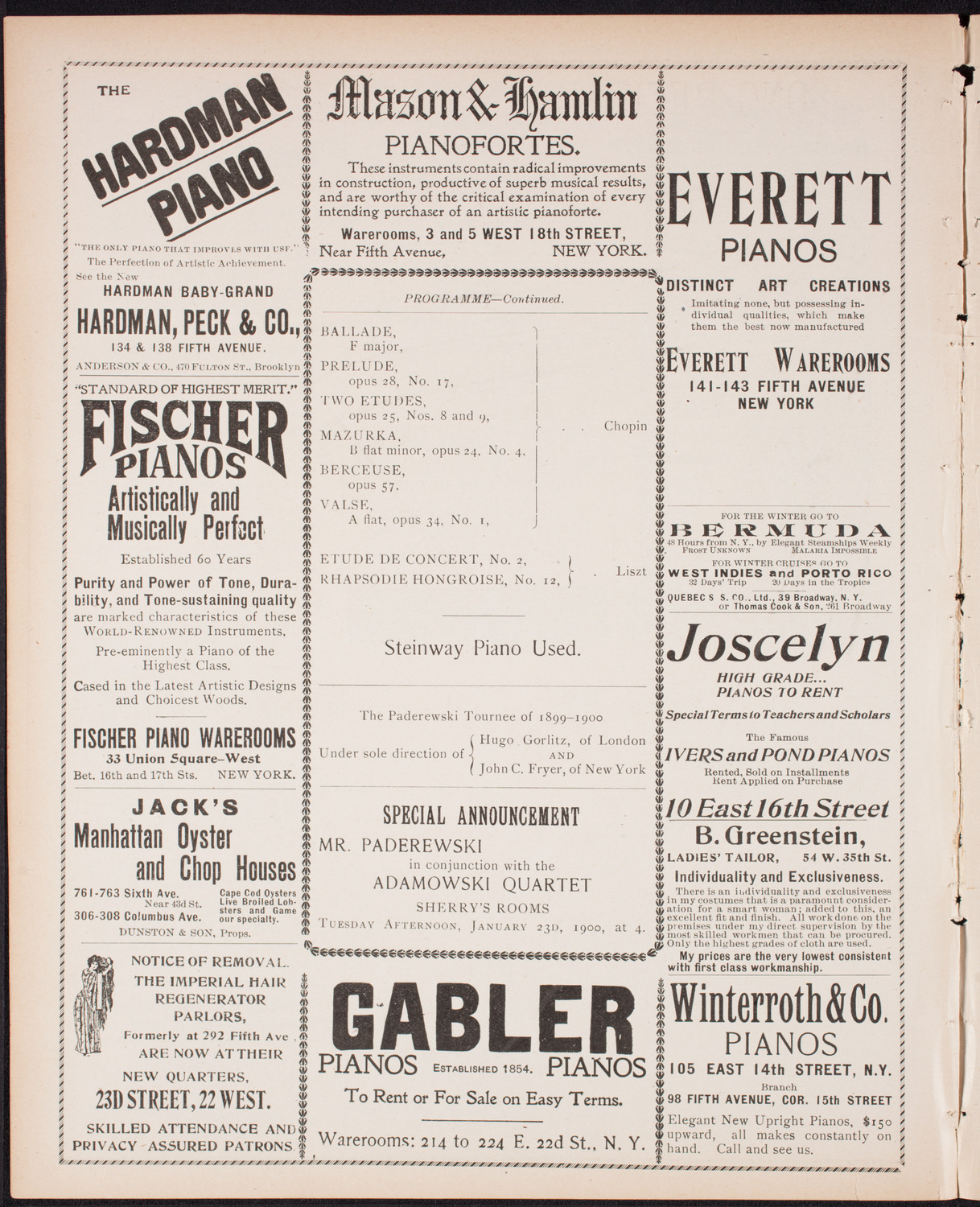 Ignacy Jan Paderewski, Piano, January 20, 1900, program page 6