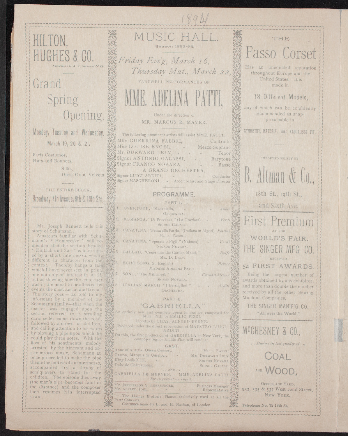 Adelina Patti and Others, March 16, 1894, program page 6