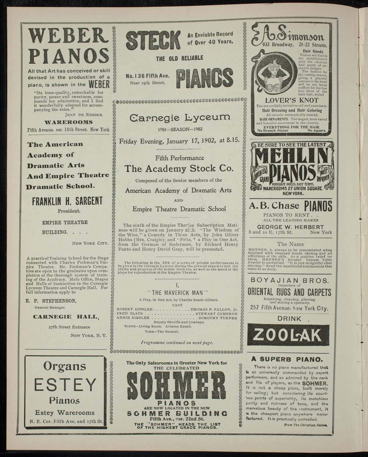 Academy Stock Company of the American Academy of Dramatic Arts and Empire Theatre Dramatic School, January 17, 1902, program page 2