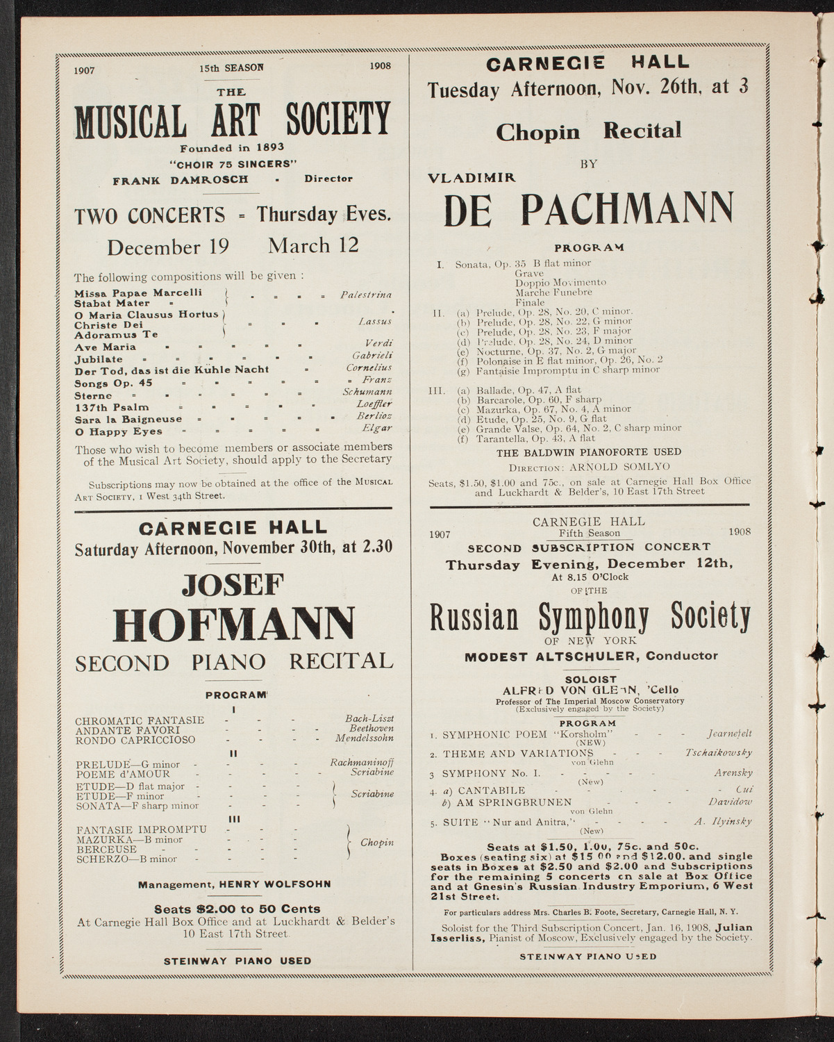 Ignacy Jan Paderewski, Piano, November 23, 1907, program page 10