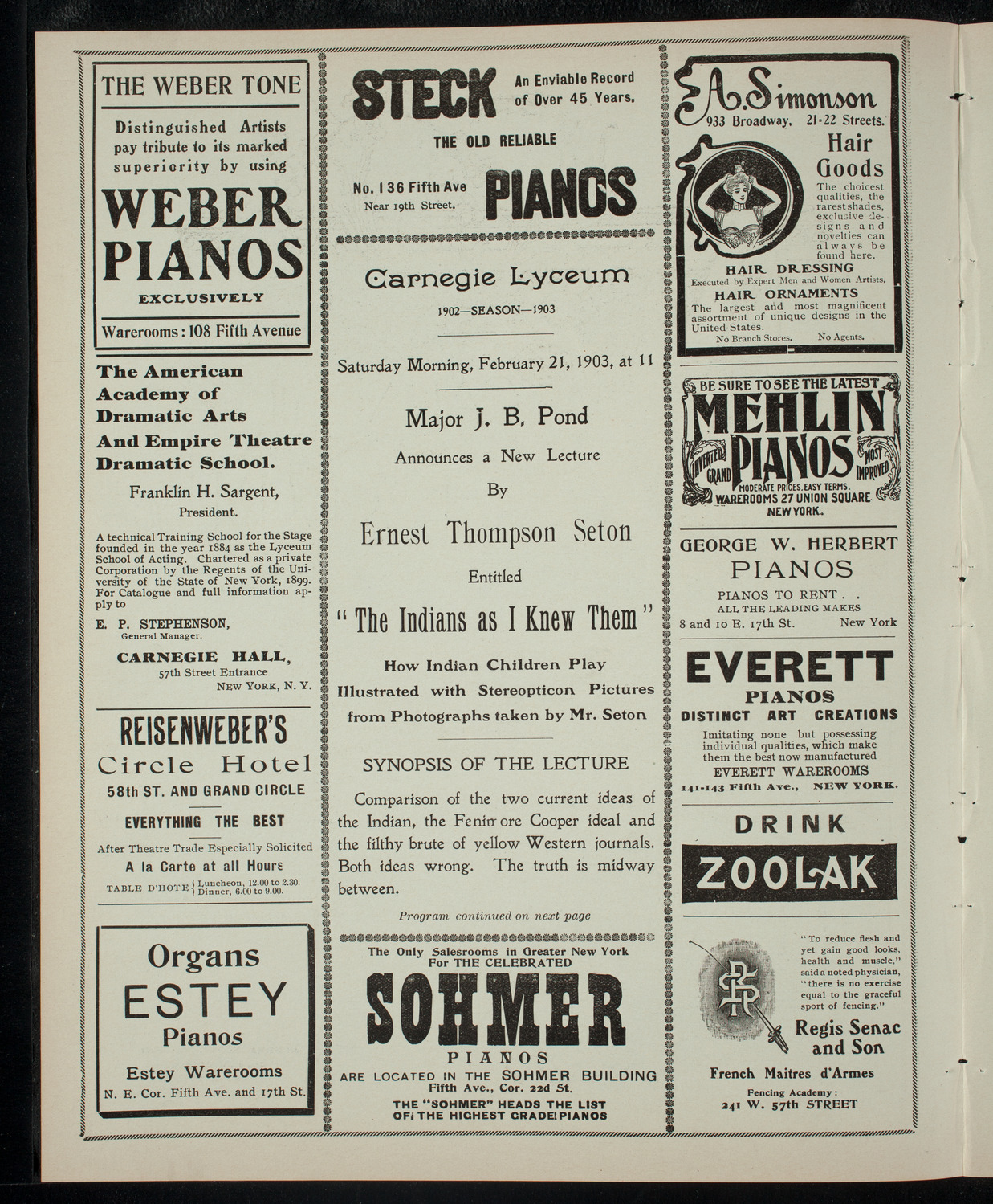 Lecture by Ernest Thompson Seton, February 21, 1903, program page 2
