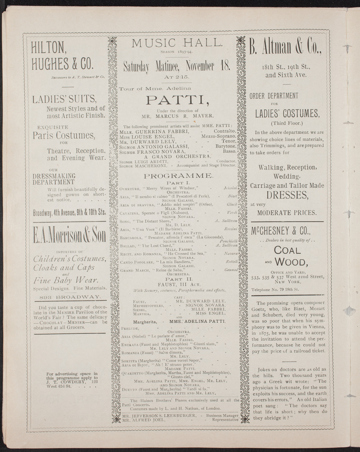 Adelina Patti with Orchestra, November 18, 1893, program page 6