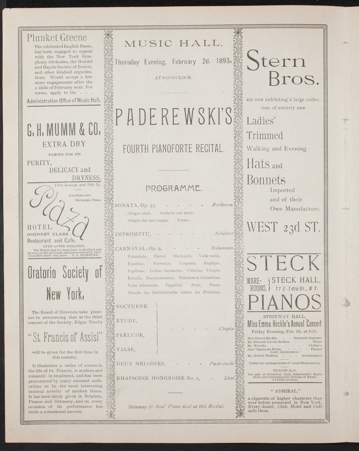 Ignacy Jan Paderewski, Piano, February 2, 1893, program page 4