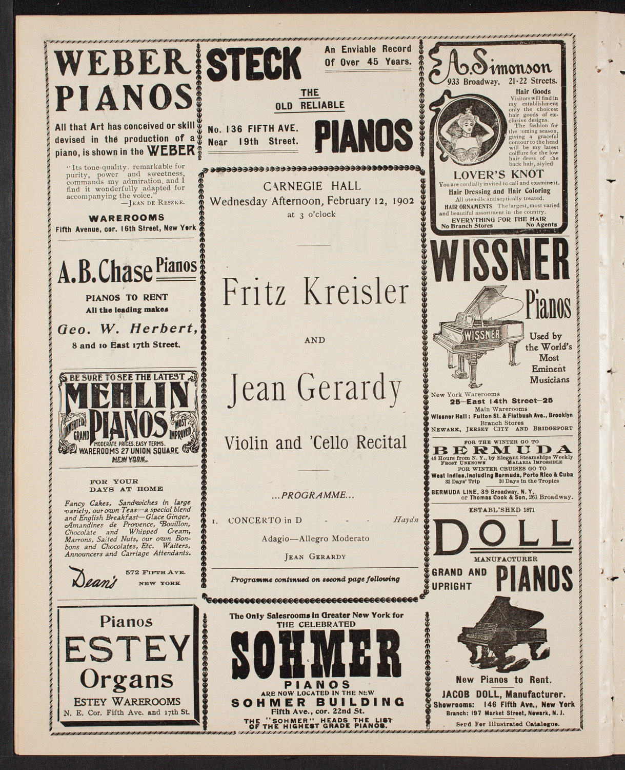 Fritz Kreisler, Violin, and Jean Gerardy, Cello, February 12, 1902, program page 6