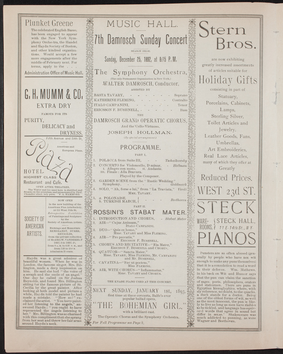Damrosch Sunday Concert, December 25, 1892, program page 4