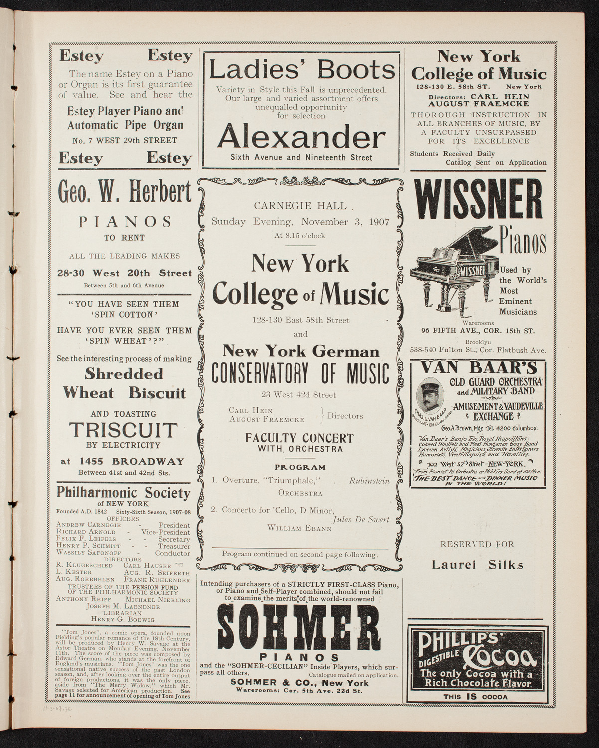 New York College of Music and New York German Conservatory of Music Faculty Concert with Orchestra, November 3, 1907, program page 5