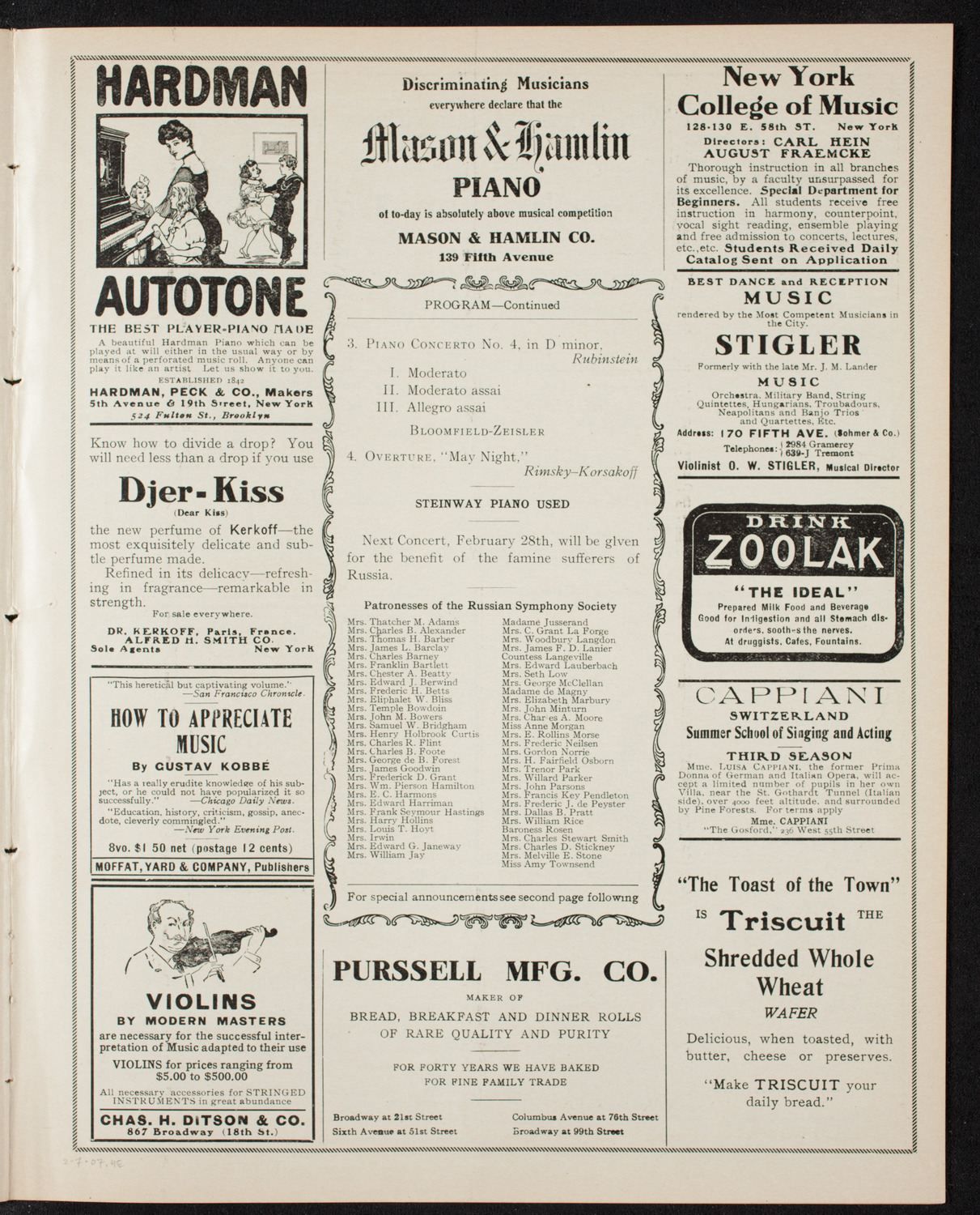 Russian Symphony Society of New York, February 7, 1907, program page 7