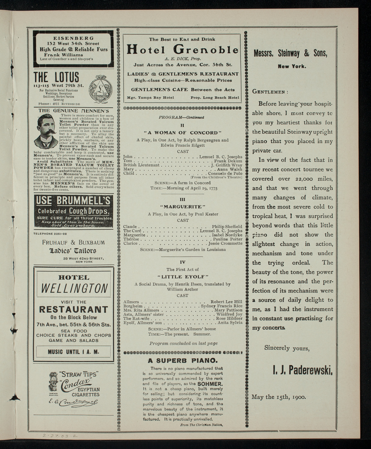 Academy Stock Company of the American Academy of Dramatic Arts/Empire Theatre Dramatic School, February 27, 1903, program page 3