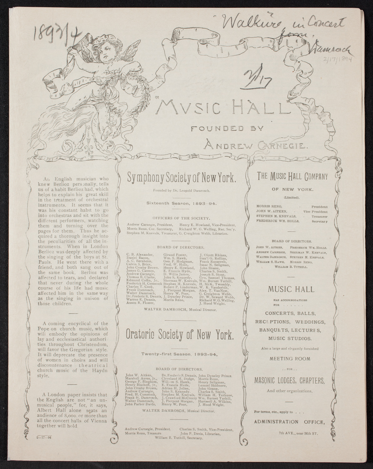 Grand Opera in German: Die Walküre, February 17, 1894, program page 1