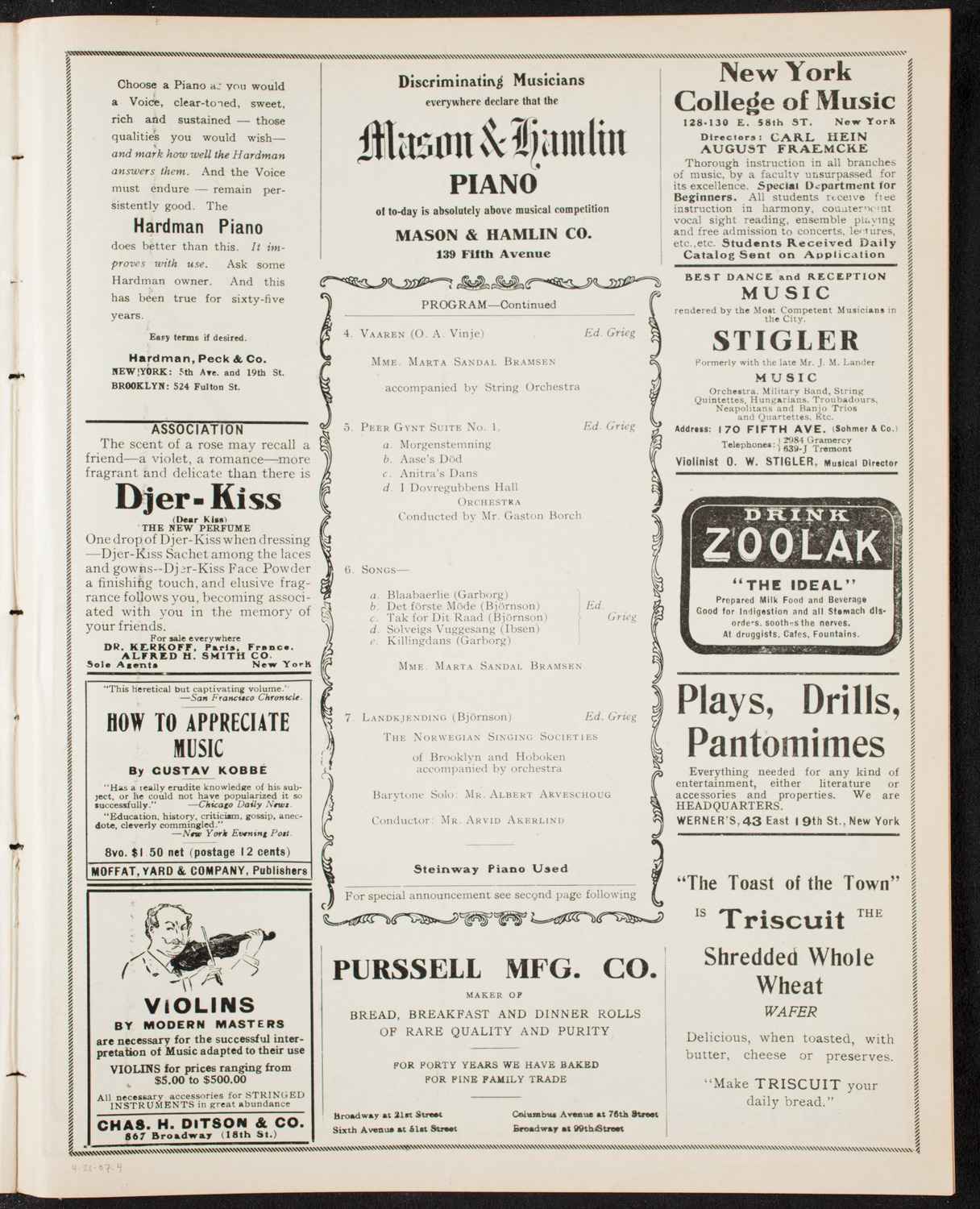 Benefit: Edvard Grieg Monument Committee, April 21, 1907, program page 7