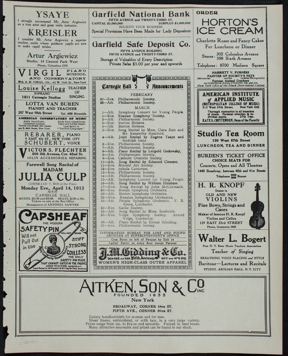 Julia Culp, Contralto, February 27, 1913, program page 3
