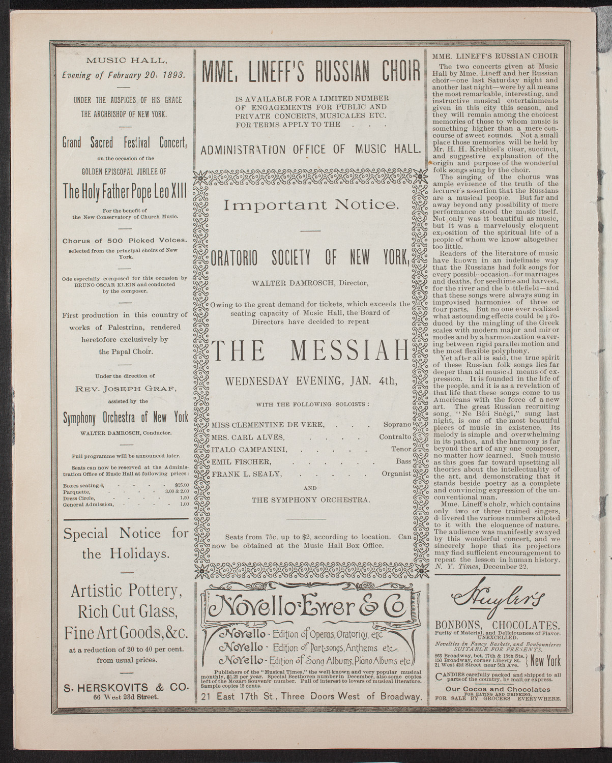 Damrosch Sunday Concert, January 1, 1893, program page 6