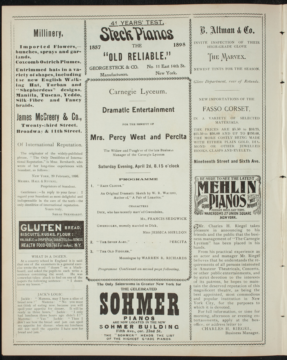 Benefit: Mrs. Percy West and Percita, April 2, 1898, program page 4