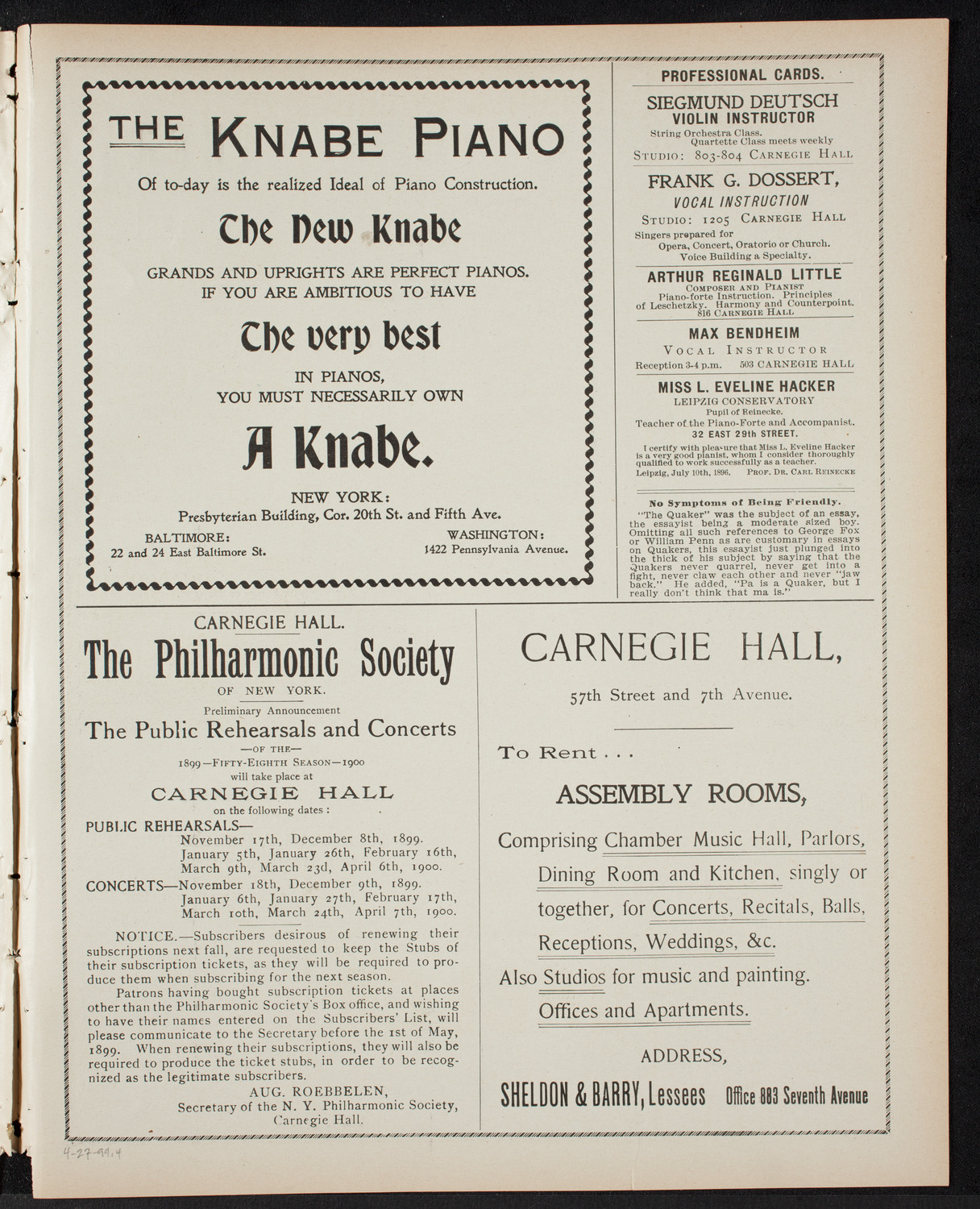 Rafael Joseffy, Piano, April 27, 1899, program page 7