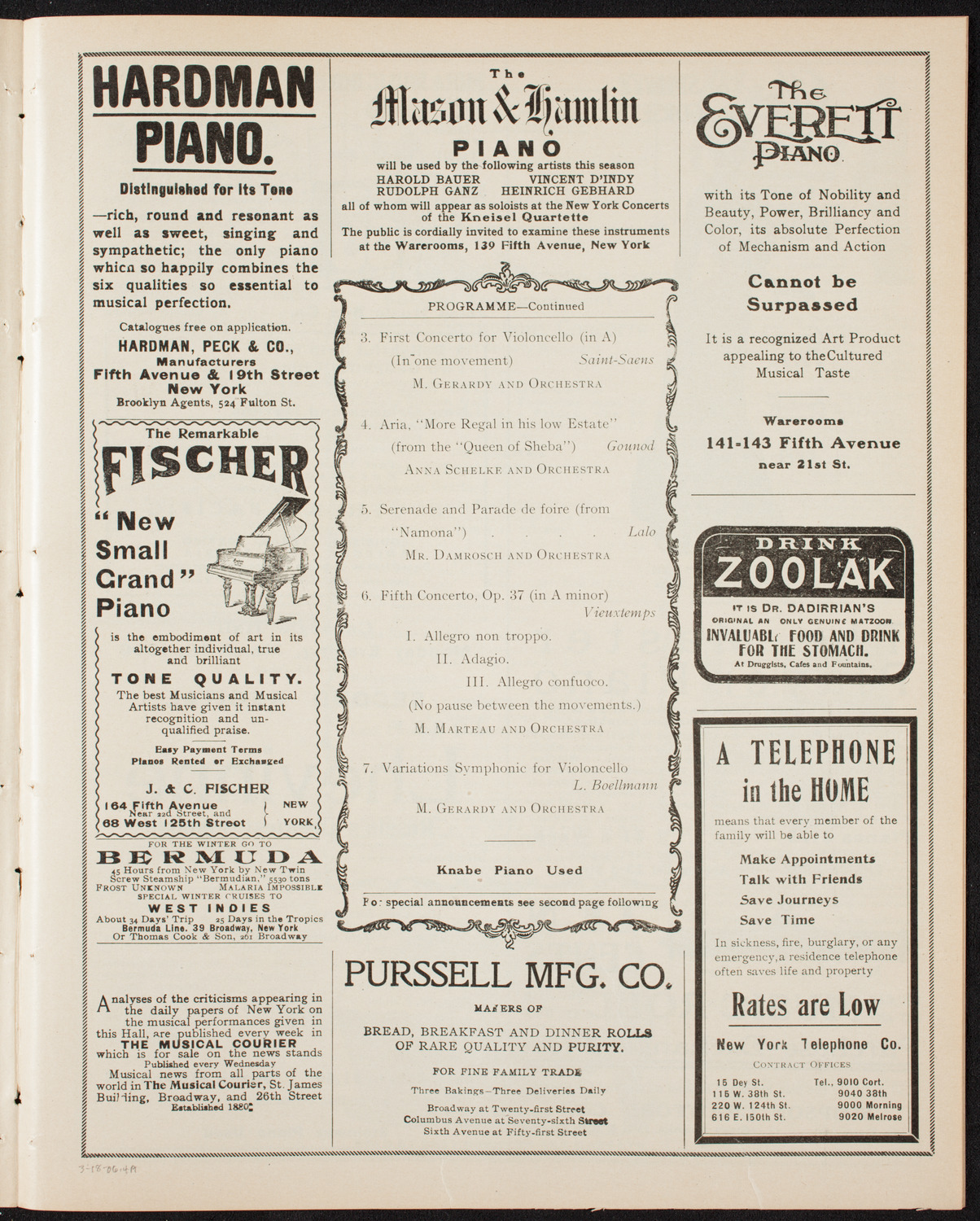 Henri Marteau, Jean Gerardy, and Anna Schelke with New York Symphony Orchestra, March 18, 1906, program page 7