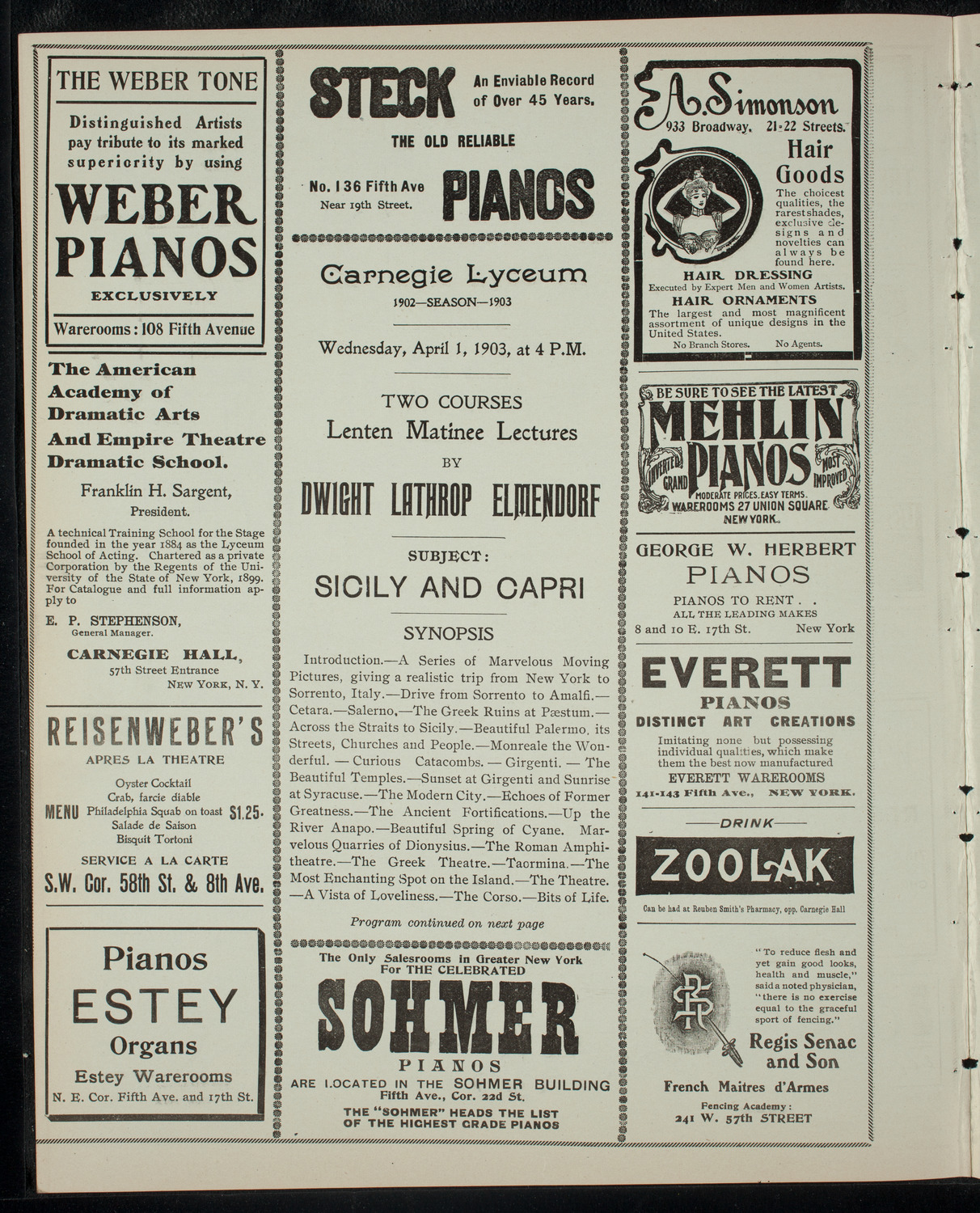 Elmendorf Lecture: Sicily and Capri, April 1, 1903, program page 2