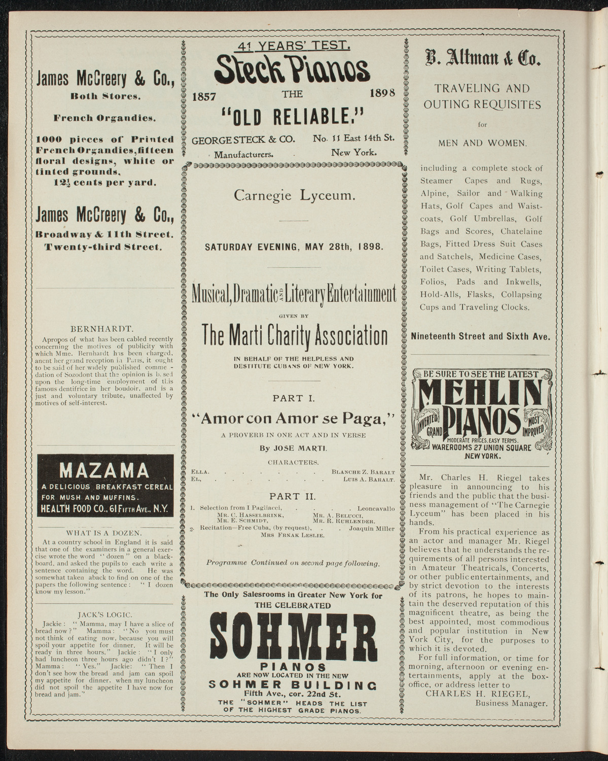 Marti Charity Association Benefit for Helpless and Destitute Cubans of New York, May 28, 1898, program page 4