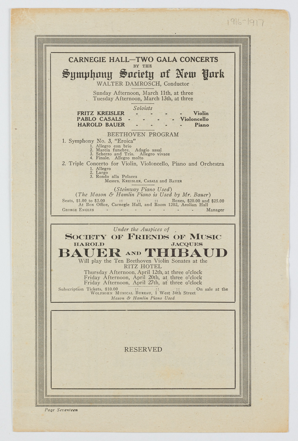 New York Symphony Orchestra, March 11, 1917