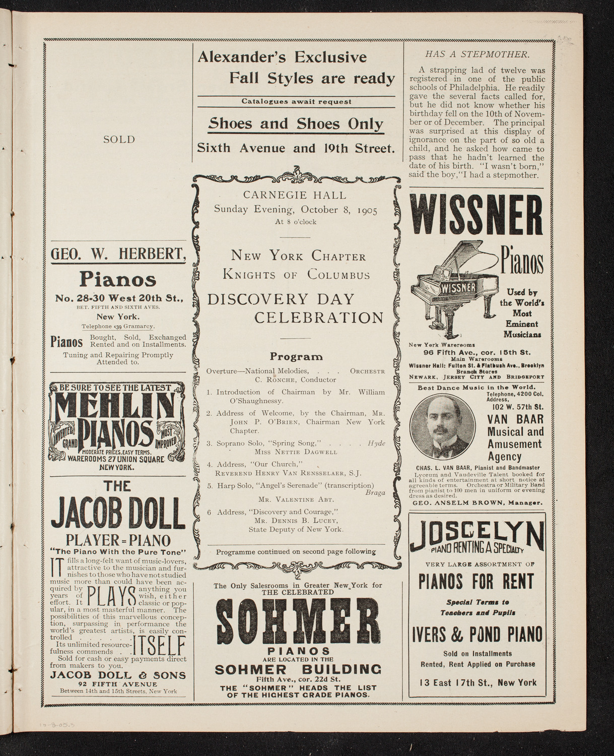 Knights of Columbus Discovery Day Celebration, October 8, 1905, program page 5